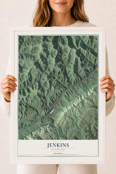 Map of Jenkins, Kentucky, 18 x 24 inch print in a white wood frame