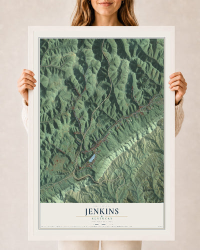 Map of Jenkins, Kentucky, 24 x 36 inch print in a white wood frame