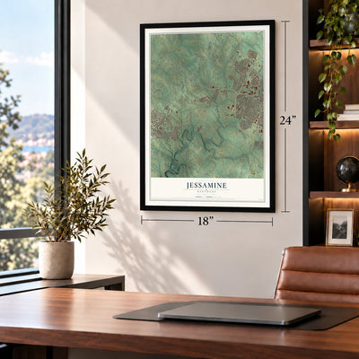 Jessamine, Kentucky map, 18 x 24 inch print in a black frame in a home office