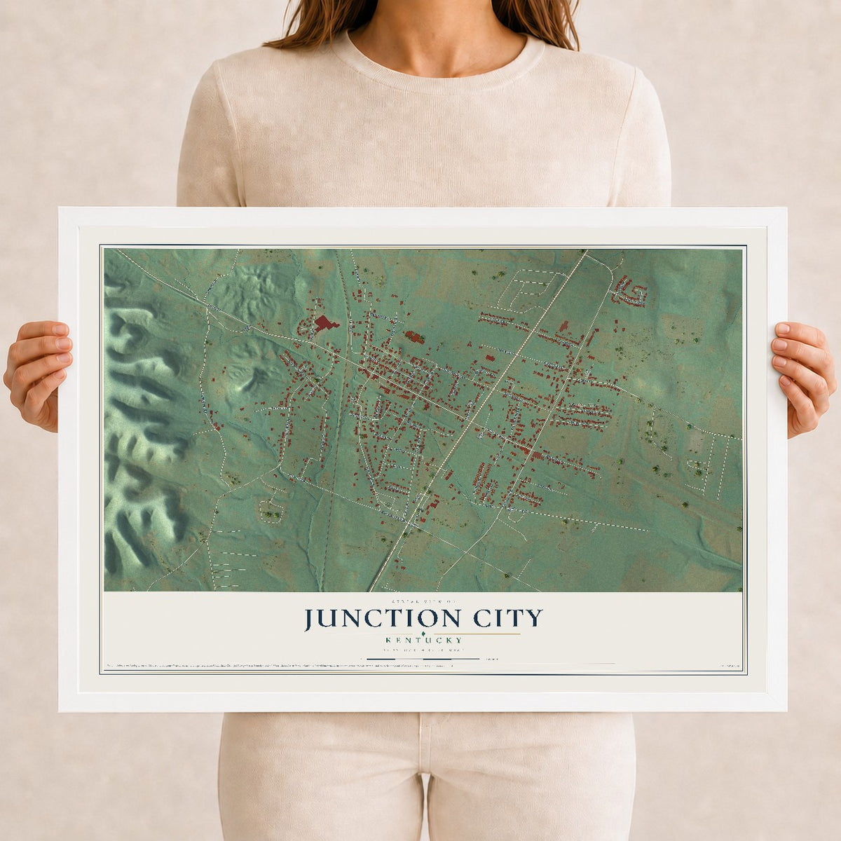 Map of Junction City, Kentucky, 12 x 18 inch print in a white wood frame