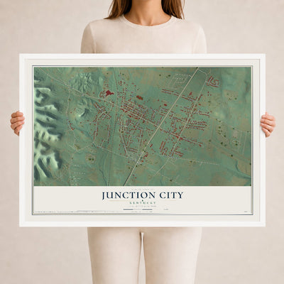 Map of Junction City, Kentucky, 24 x 36 inch print in a white wood frame