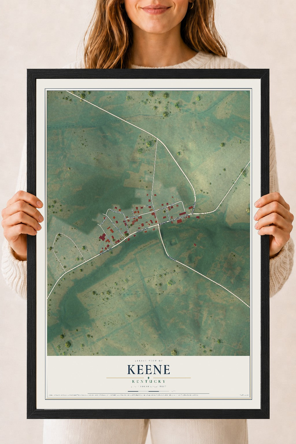 Map of Keene, Kentucky, 18 x 24 inch print in a black wood frame