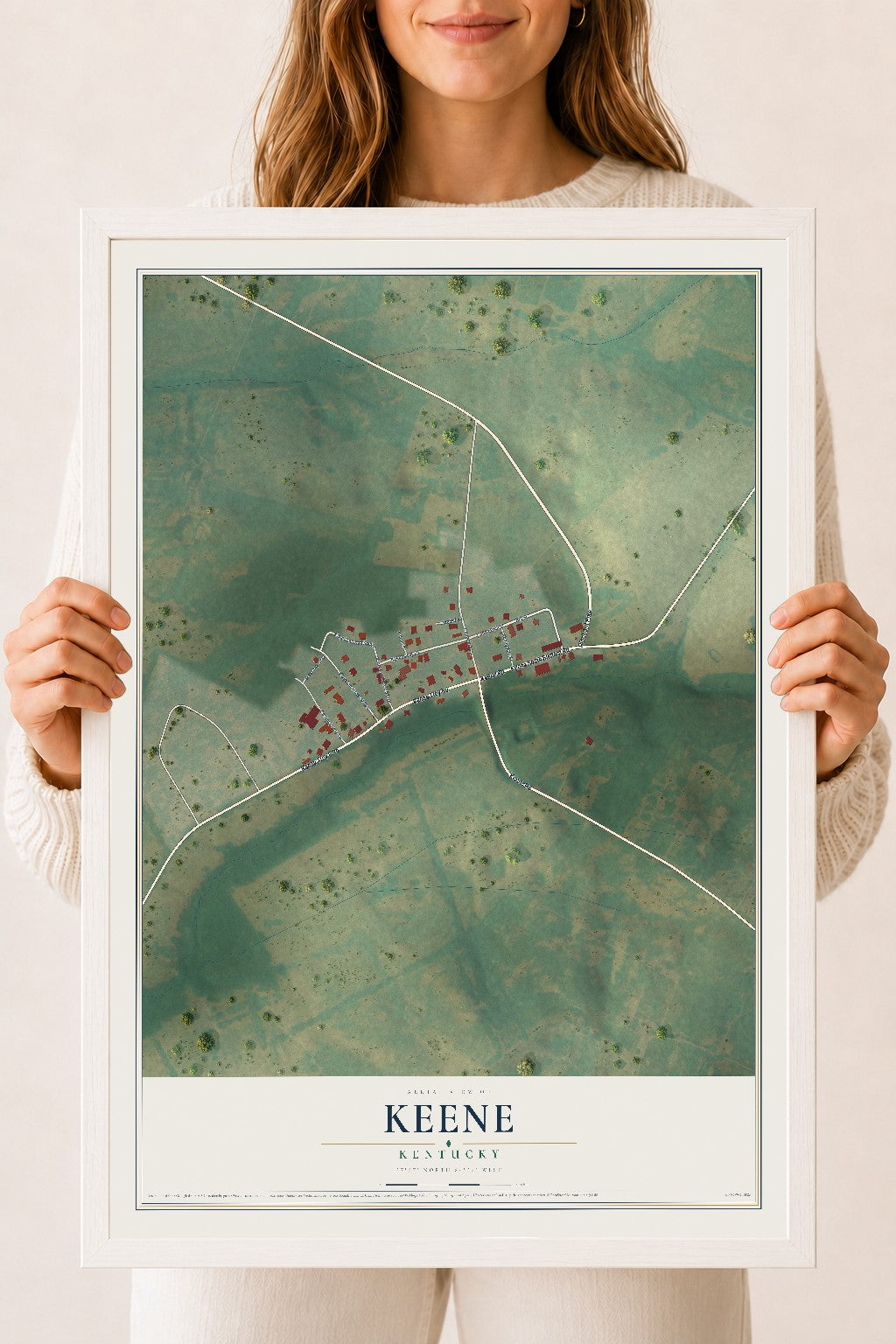 Map of Keene, Kentucky, 18 x 24 inch print in a white wood frame