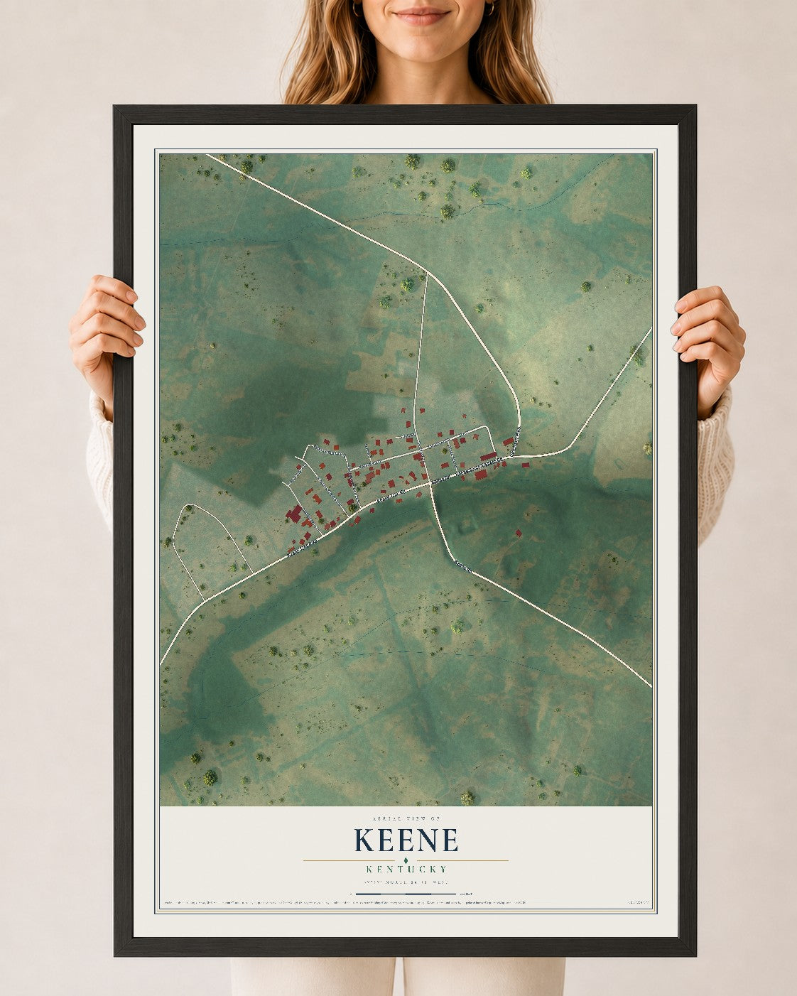 Map of Keene, Kentucky, 24 x 36 inch print in a black wood frame