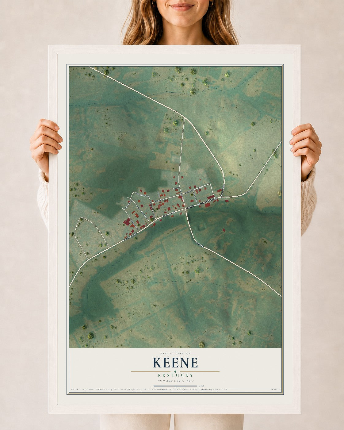 Map of Keene, Kentucky, 24 x 36 inch print in a white wood frame