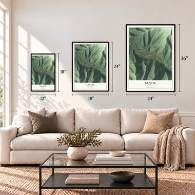 Kenvir, Kentucky map in 12 x 18, 18 x 24 and 24 x 36 inch sizes above a sofa