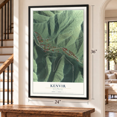 Kenvir, Kentucky map, 24 x 36 inch print in a black frame by a staircase