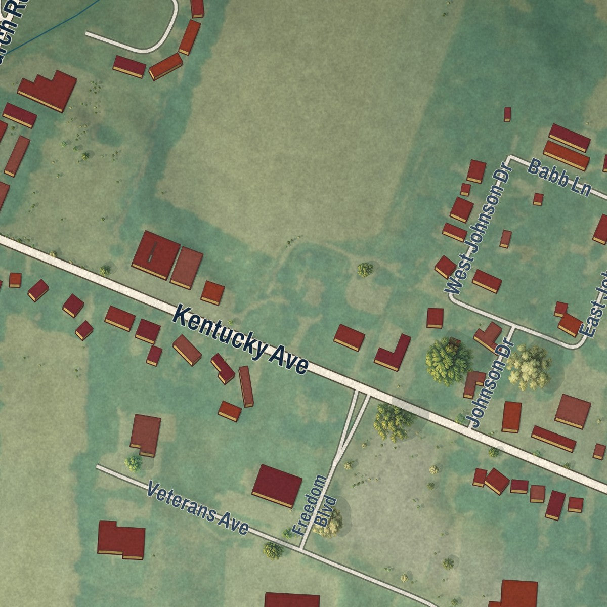 Second close-up of the map of Kevil, Kentucky print showing more streets and buildings