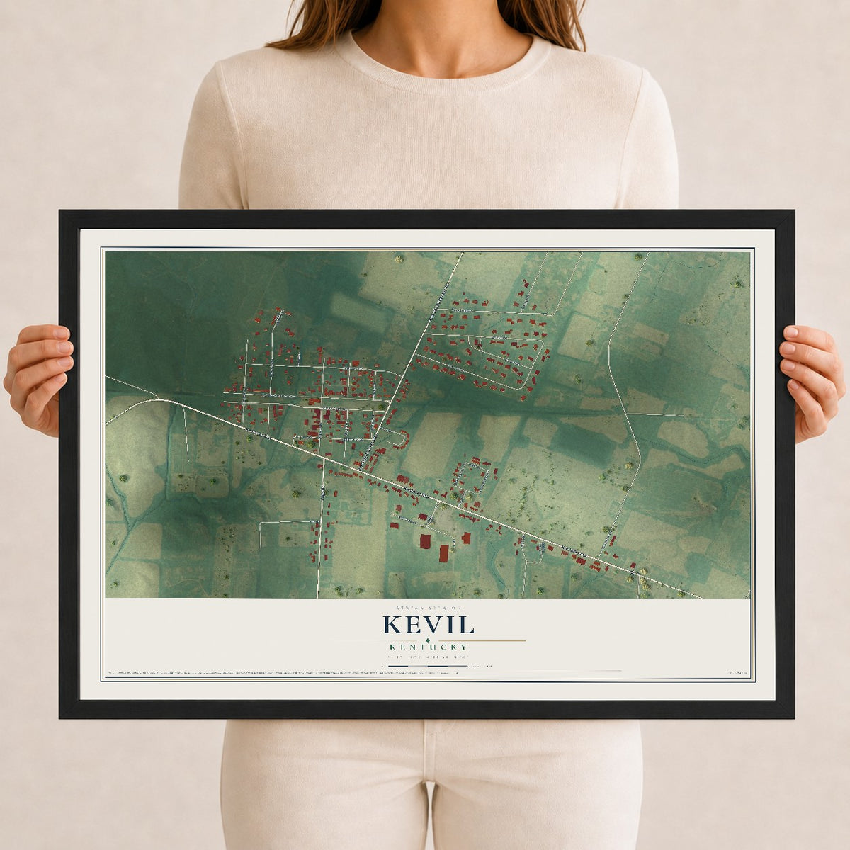 Map of Kevil, Kentucky, 12 x 18 inch print in a black wood frame
