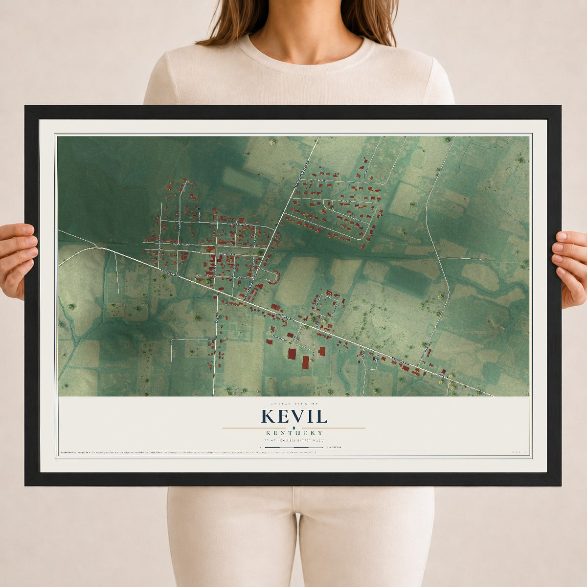 Map of Kevil, Kentucky, 18 x 24 inch print in a black wood frame