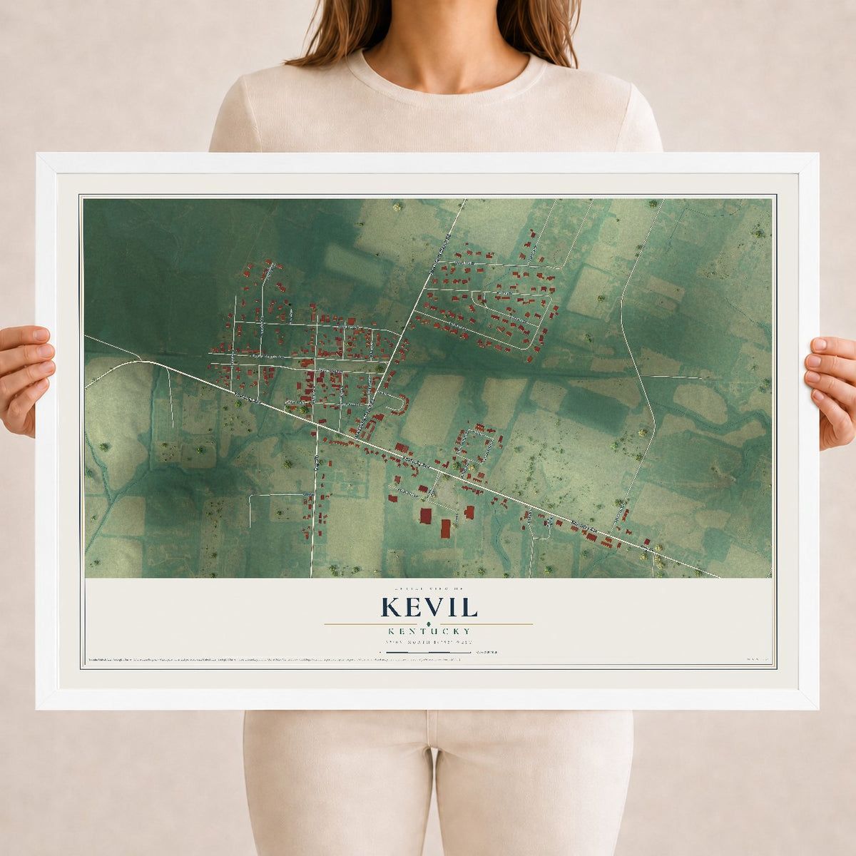 Map of Kevil, Kentucky, 18 x 24 inch print in a white wood frame