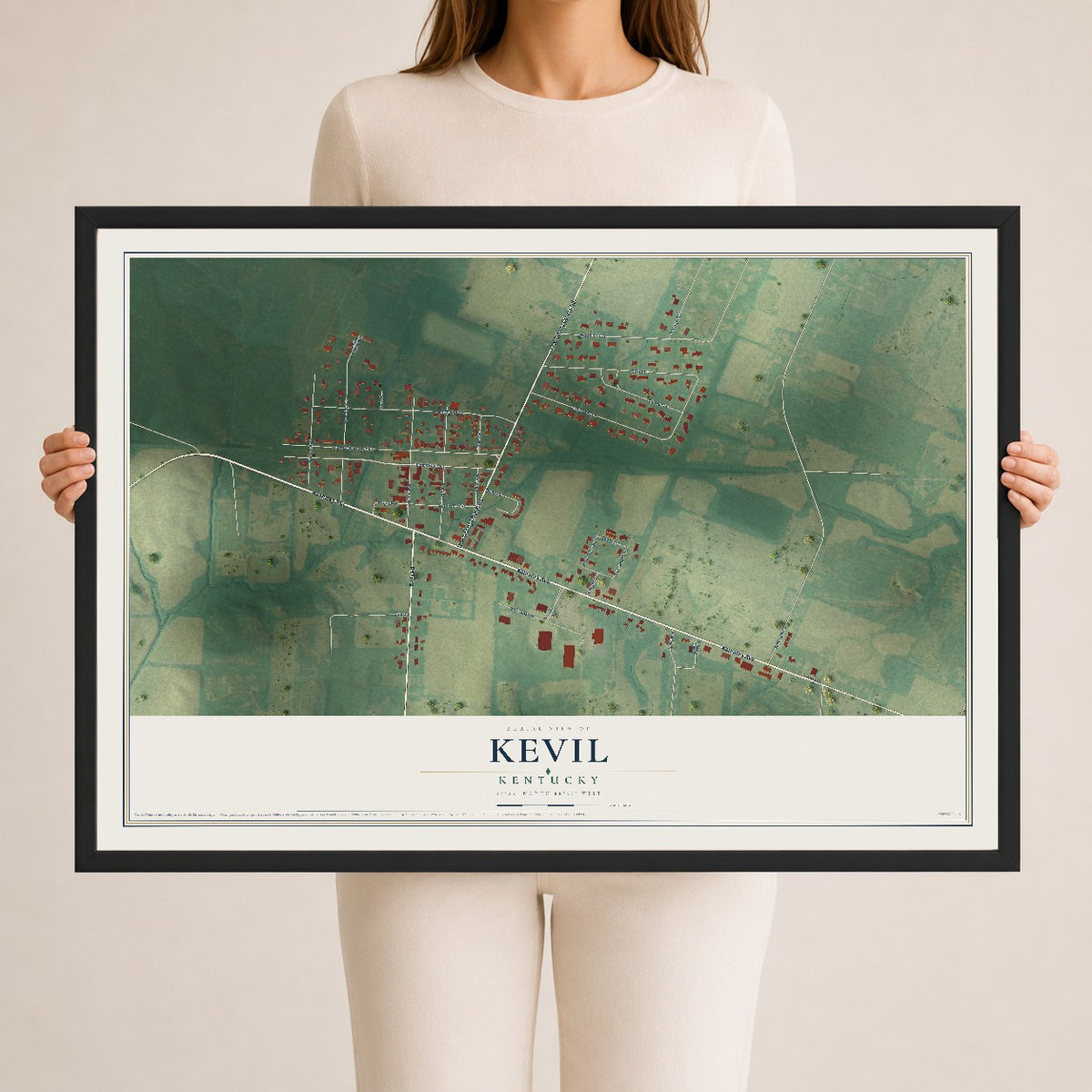 Map of Kevil, Kentucky, 24 x 36 inch print in a black wood frame