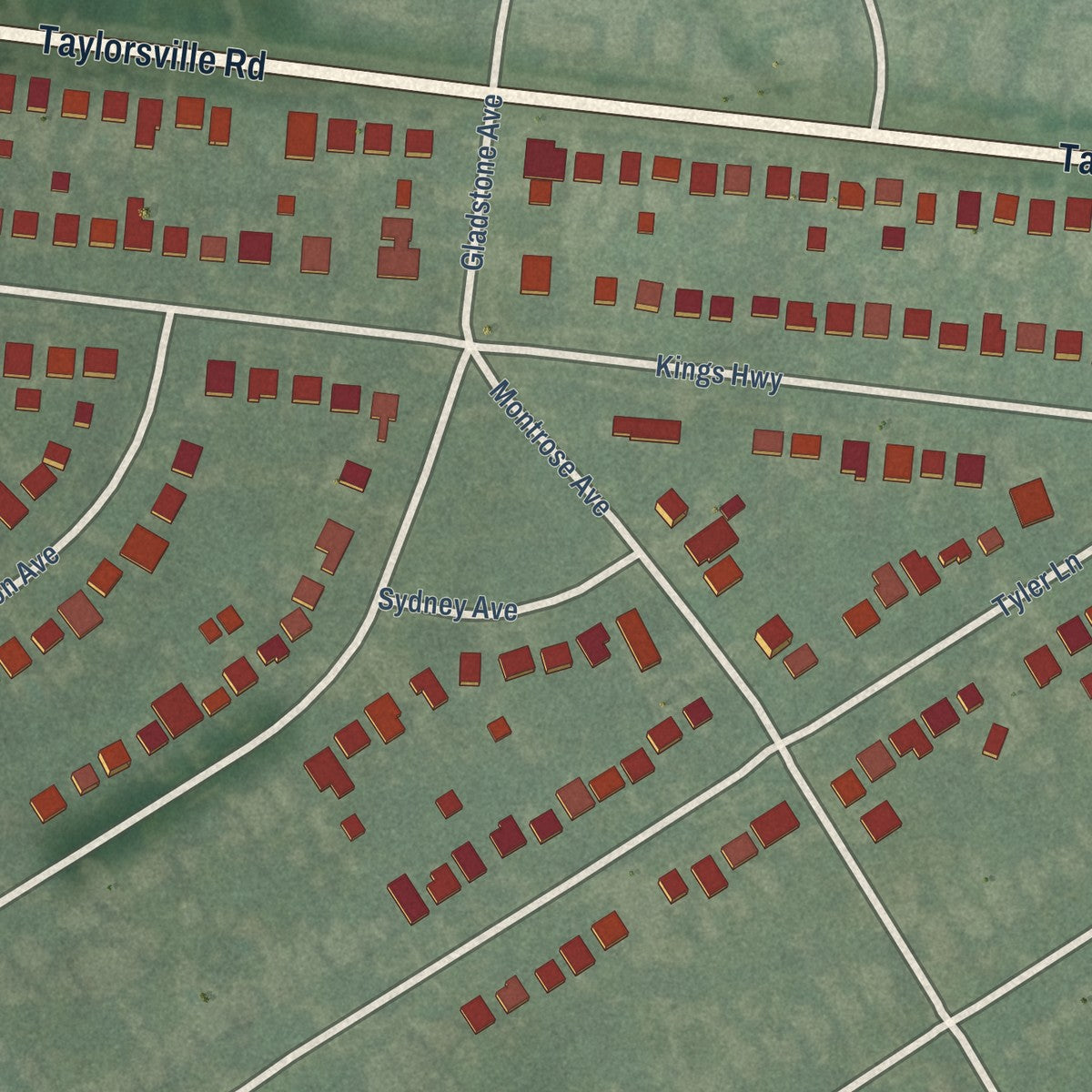 Close-up of the map of Kingsley, Kentucky print showing street and building detail