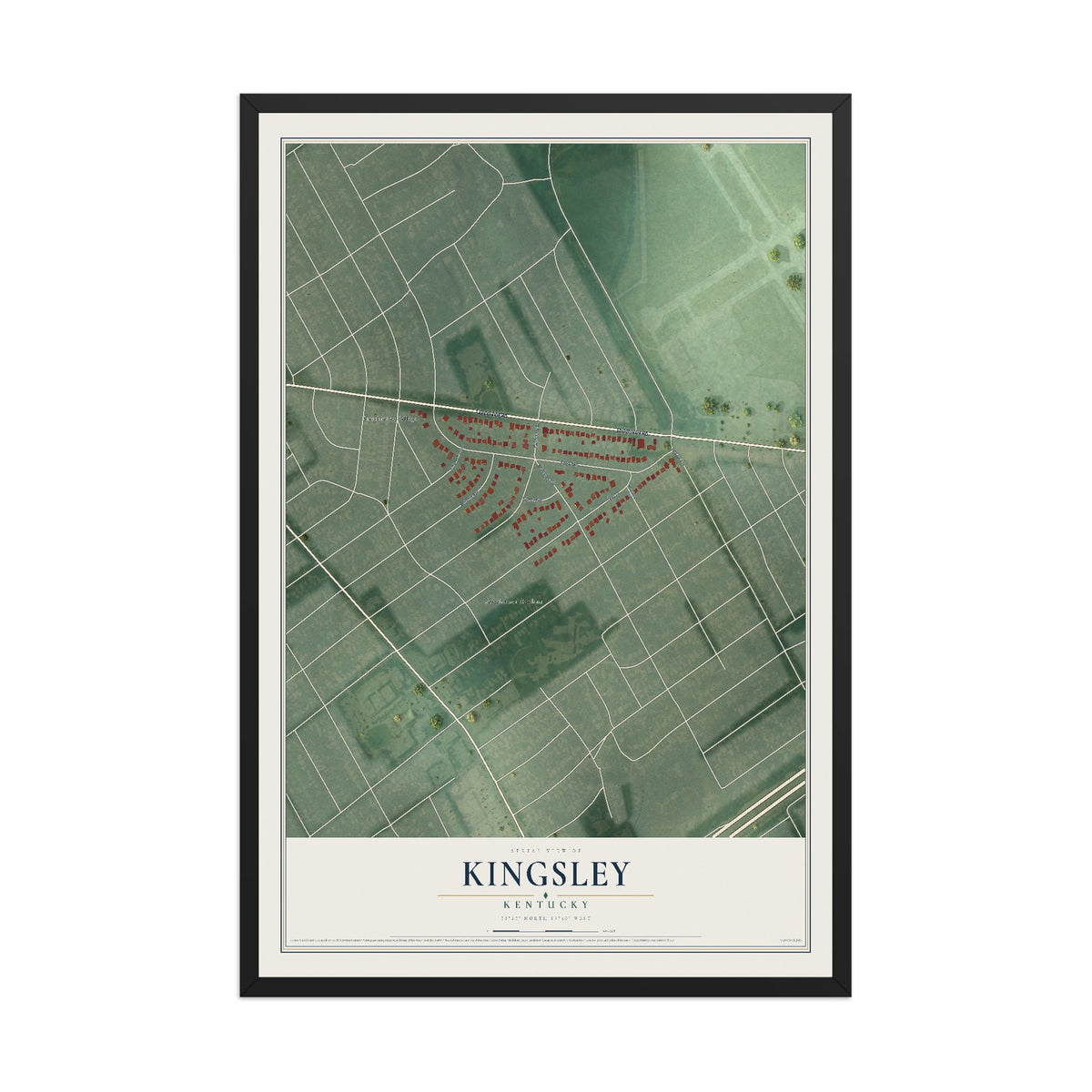 Map of Kingsley, Kentucky, 12 x 18 inch print in a black wood frame