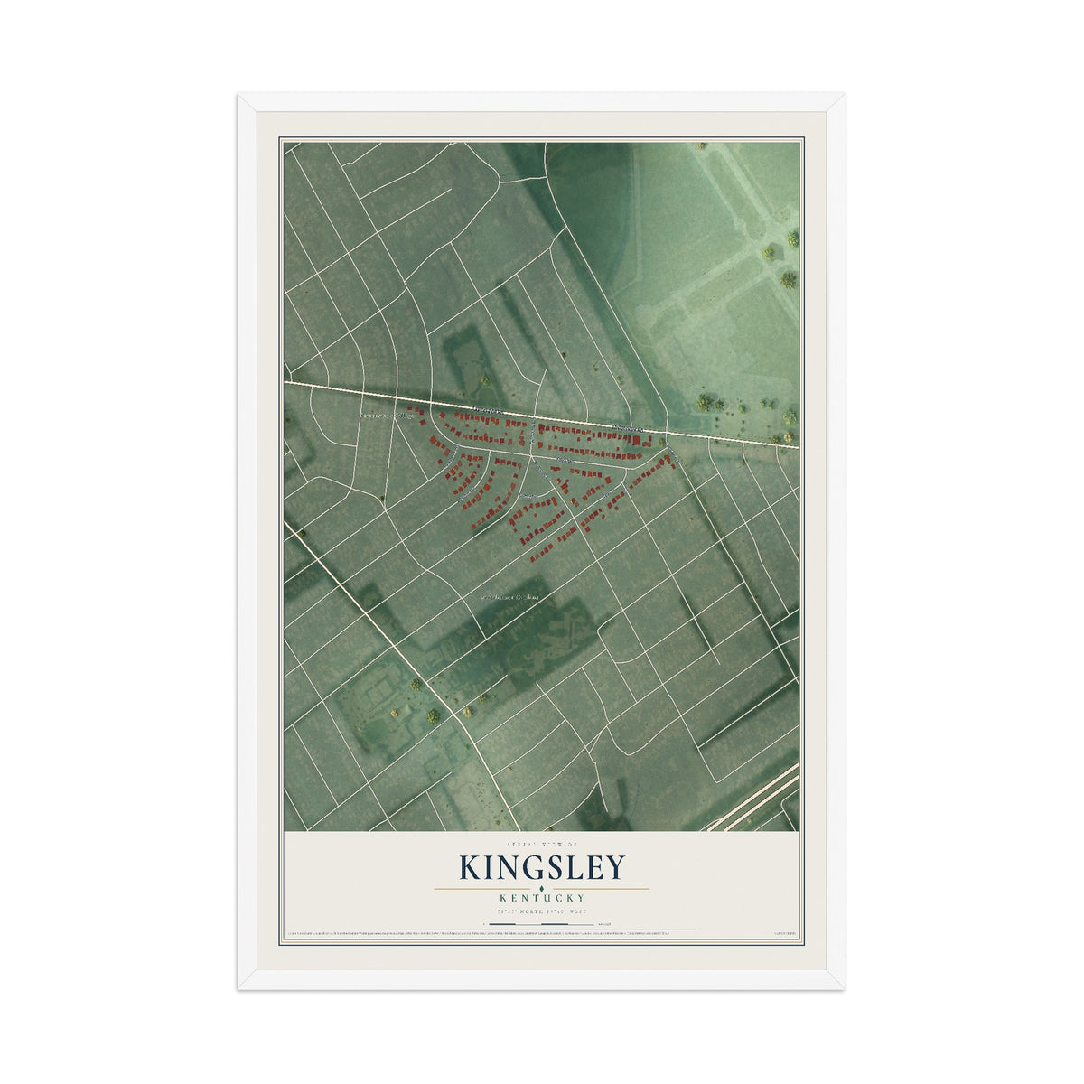 Map of Kingsley, Kentucky, 12 x 18 inch print in a white wood frame