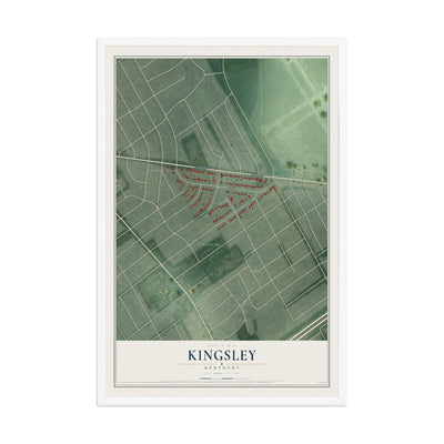 Map of Kingsley, Kentucky, 12 x 18 inch print in a white wood frame