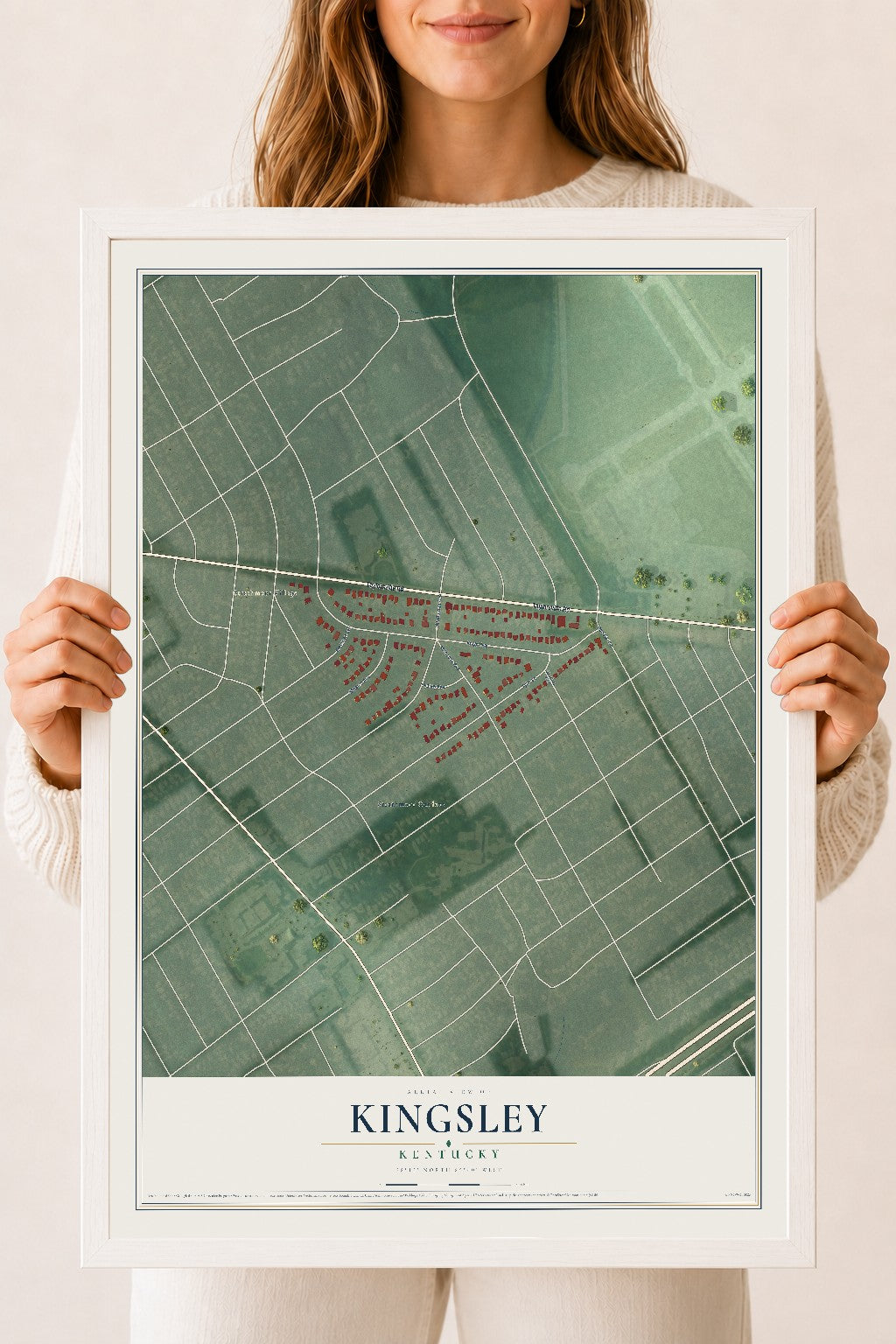 Map of Kingsley, Kentucky, 18 x 24 inch print in a white wood frame