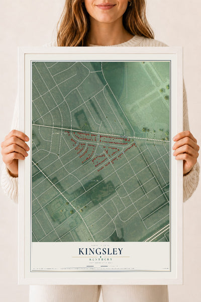 Map of Kingsley, Kentucky, 18 x 24 inch print in a white wood frame