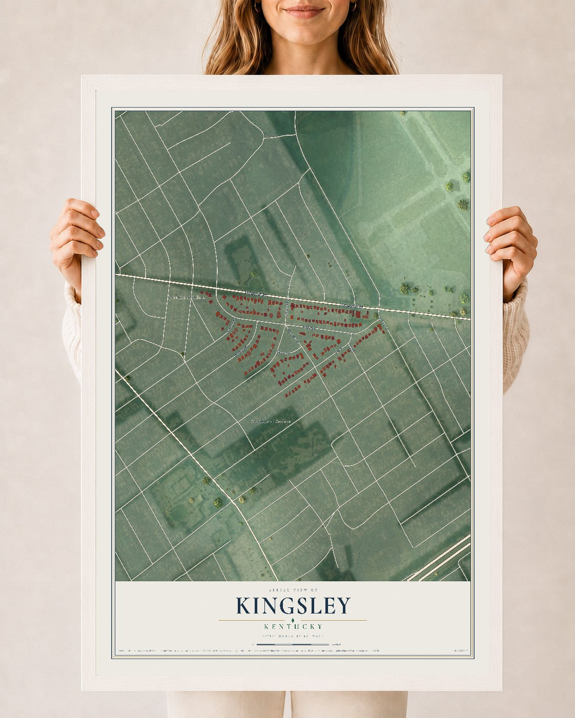 Map of Kingsley, Kentucky, 24 x 36 inch print in a white wood frame