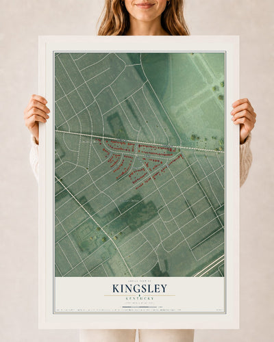 Map of Kingsley, Kentucky, 24 x 36 inch print in a white wood frame