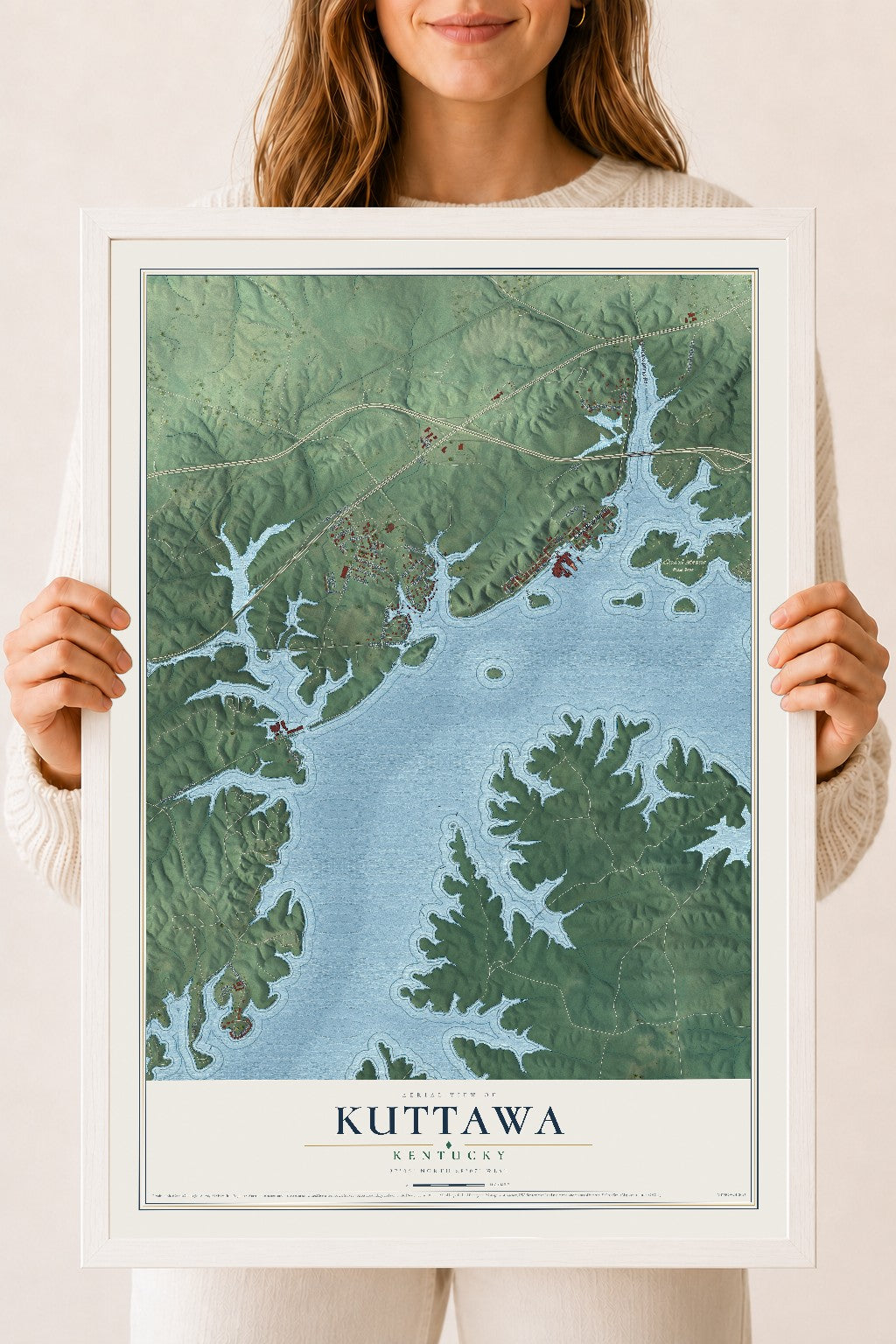Map of Kuttawa, Kentucky, 18 x 24 inch print in a white wood frame