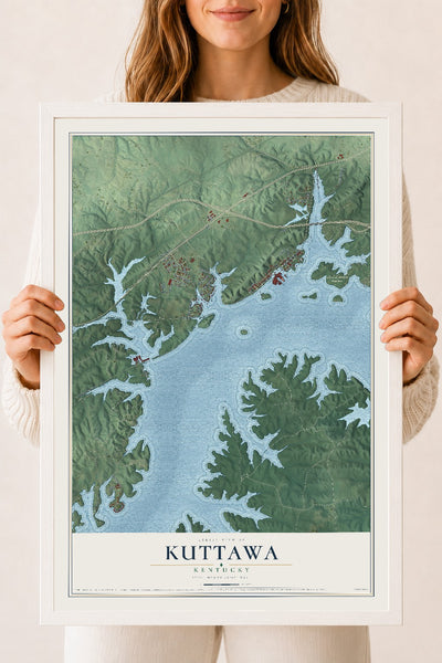 Map of Kuttawa, Kentucky, 18 x 24 inch print in a white wood frame