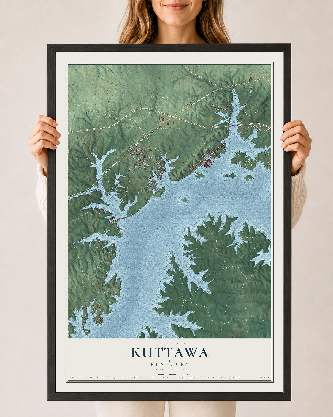 Map of Kuttawa, Kentucky, 24 x 36 inch print in a black wood frame