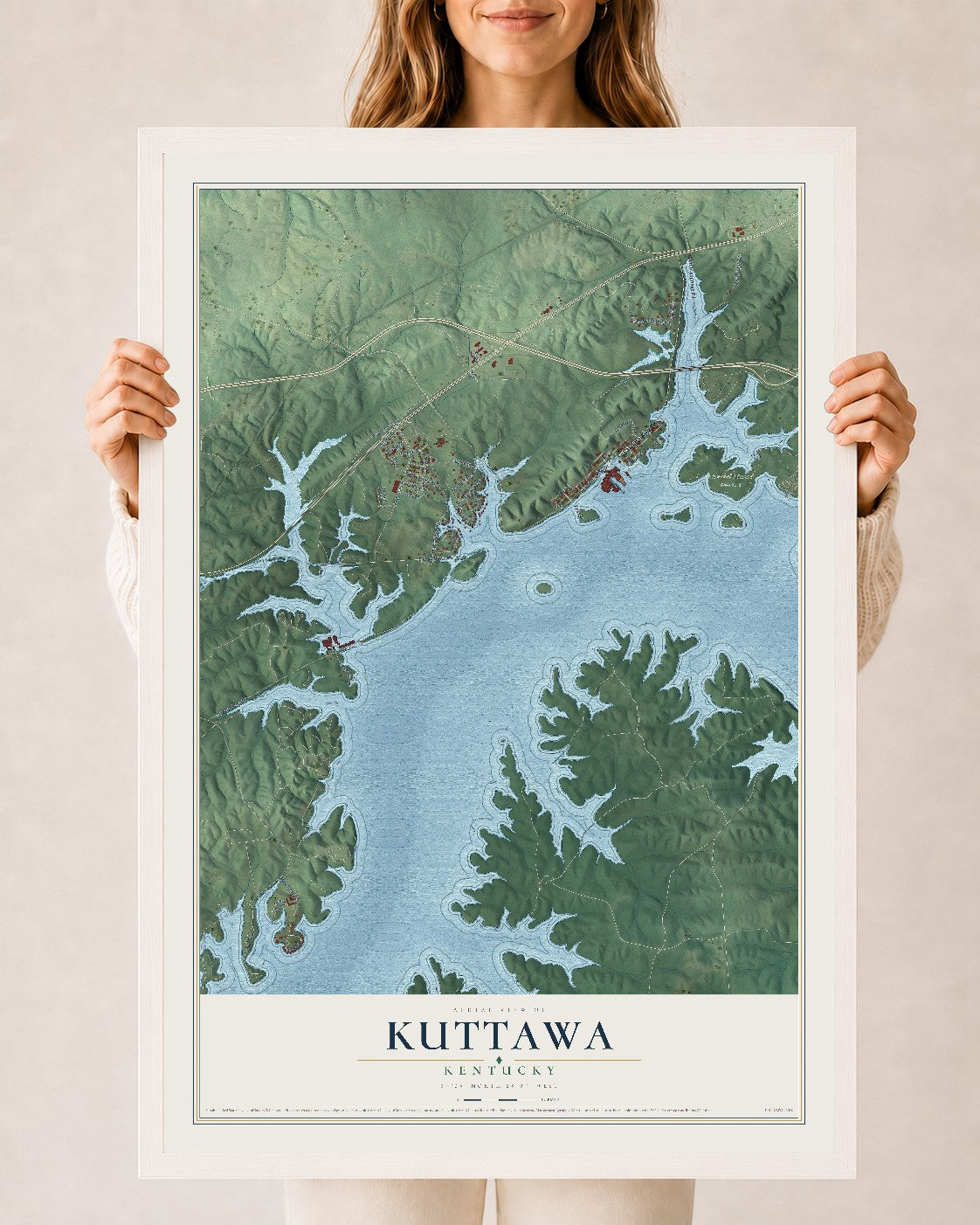 Map of Kuttawa, Kentucky, 24 x 36 inch print in a white wood frame