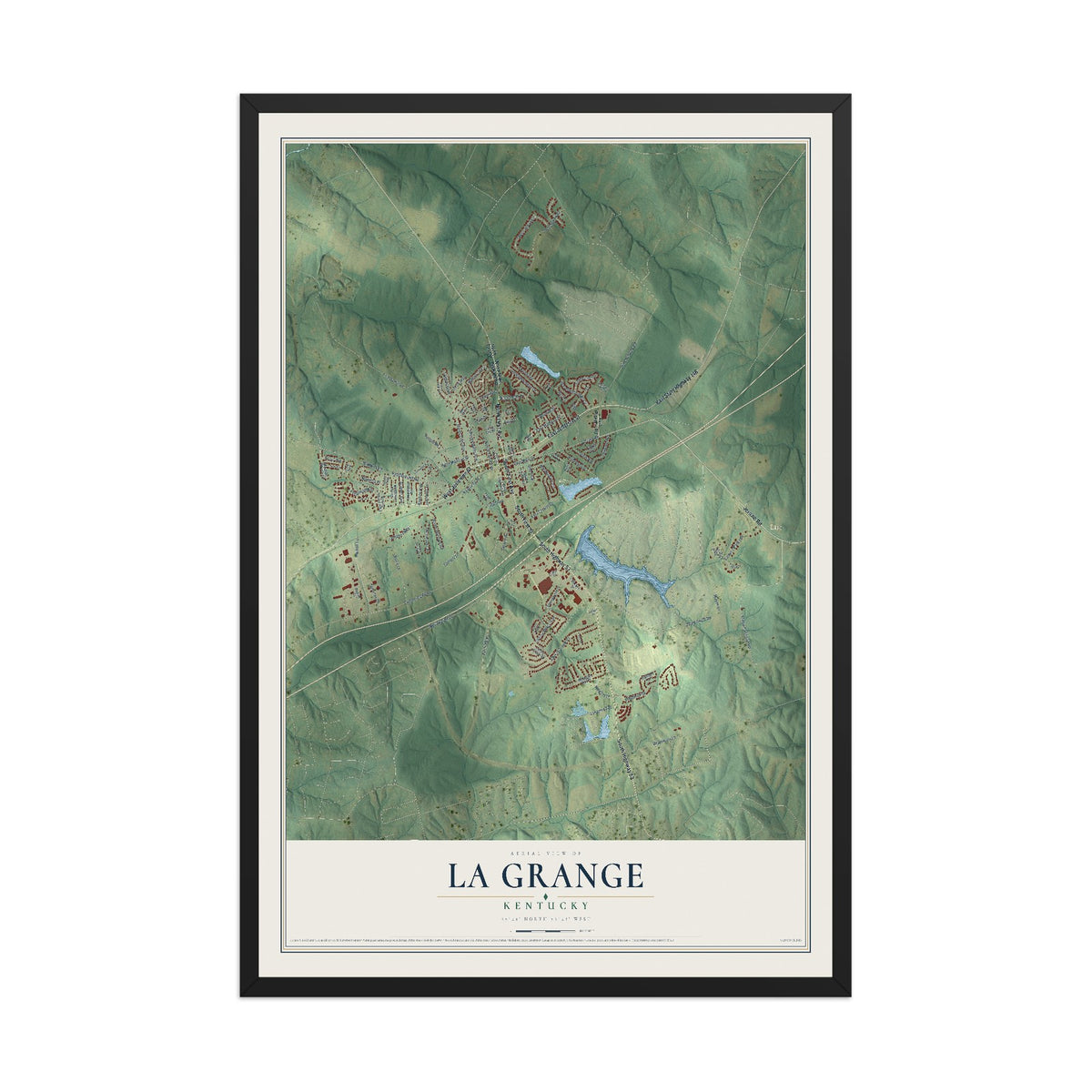 Map of La Grange, Kentucky, 12 x 18 inch print in a black wood frame