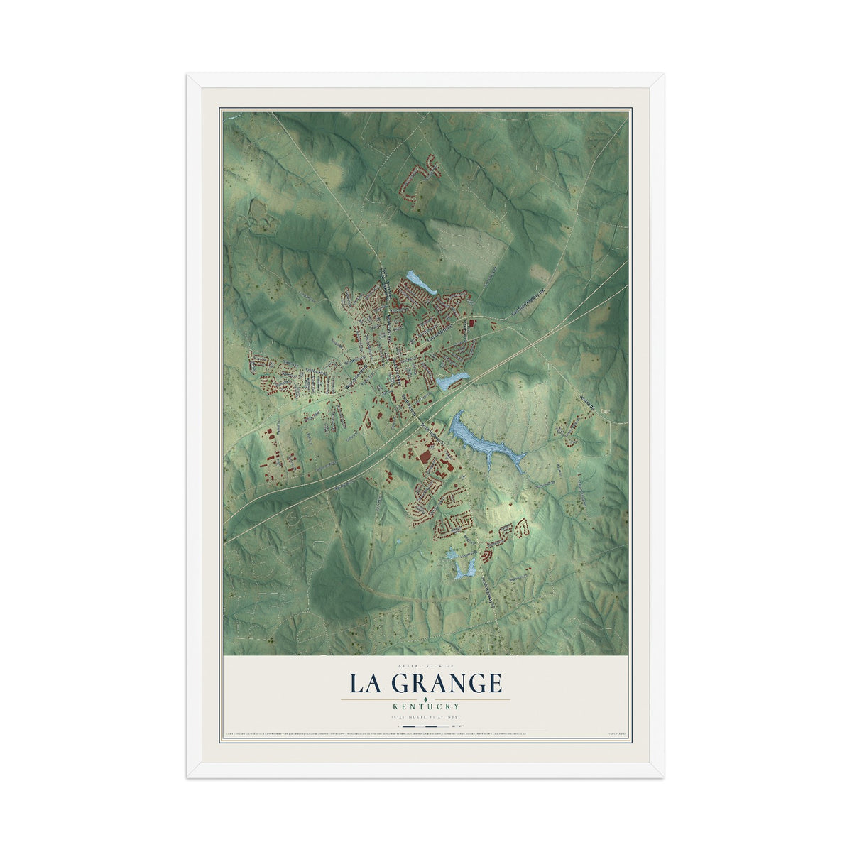 Map of La Grange, Kentucky, 12 x 18 inch print in a white wood frame