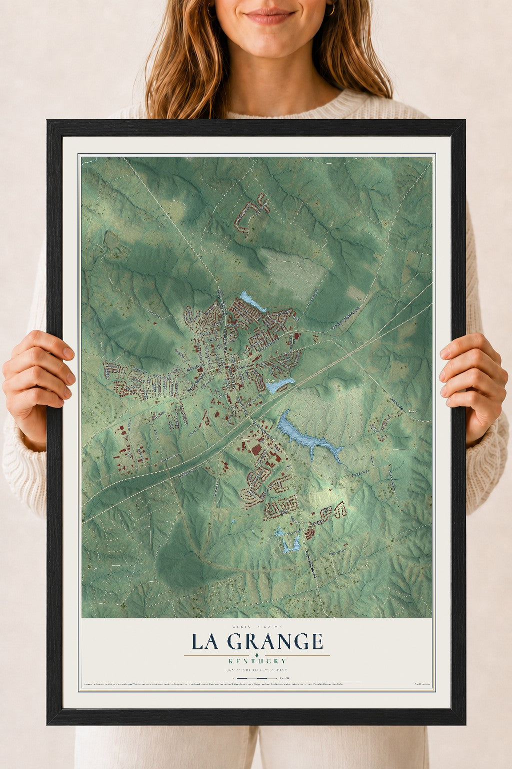 Map of La Grange, Kentucky, 18 x 24 inch print in a black wood frame