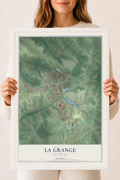 Map of La Grange, Kentucky, 18 x 24 inch print in a white wood frame