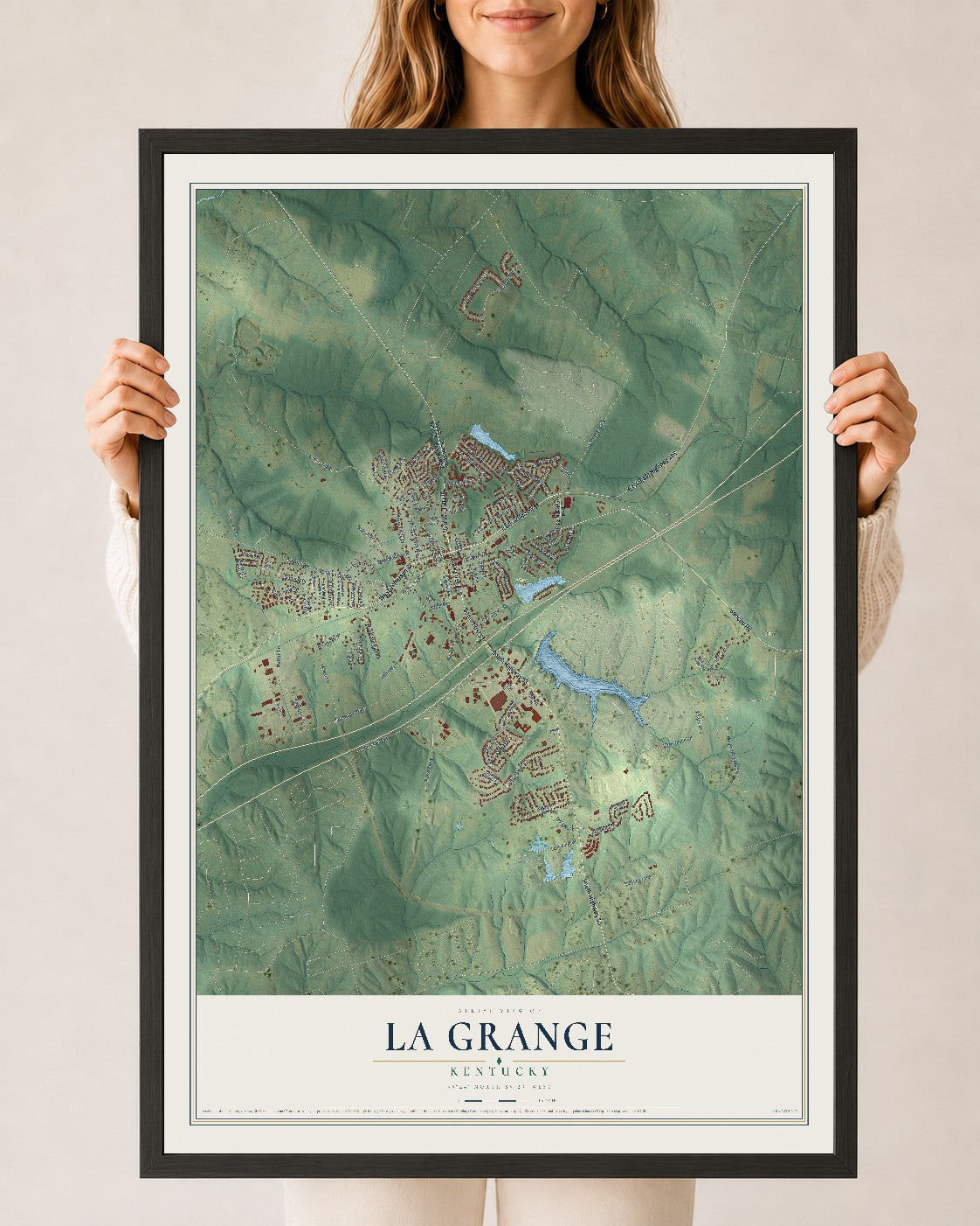 Map of La Grange, Kentucky, 24 x 36 inch print in a black wood frame
