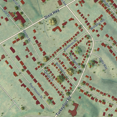 Close-up of the map of Lakeside Park, Kentucky print showing street and building detail