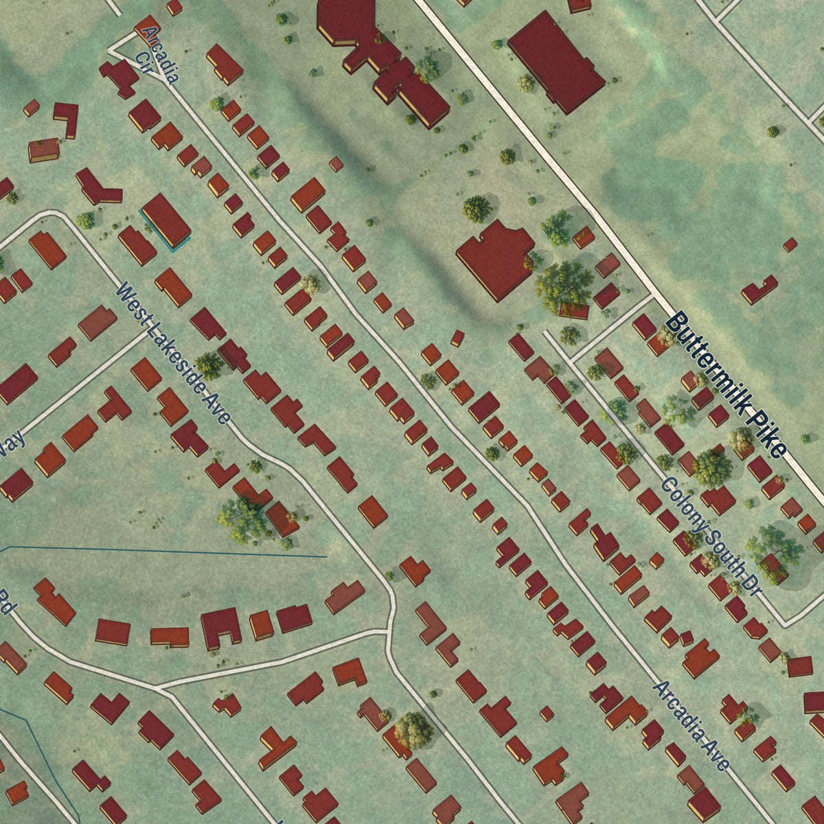Second close-up of the map of Lakeside Park, Kentucky print showing more streets and buildings