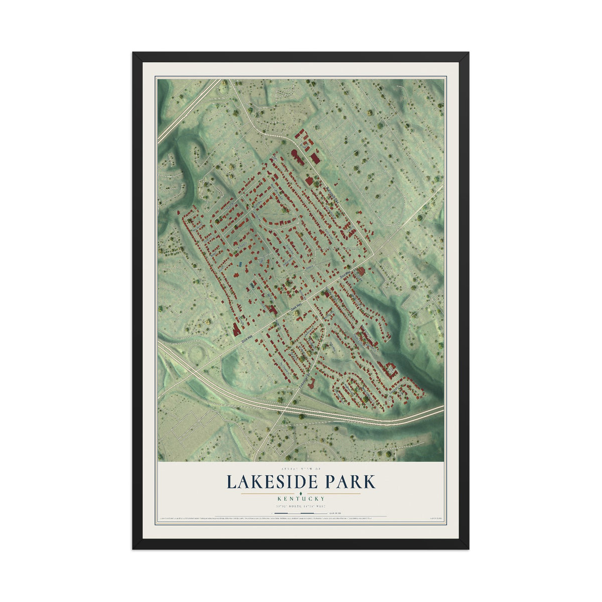 Map of Lakeside Park, Kentucky, 12 x 18 inch print in a black wood frame