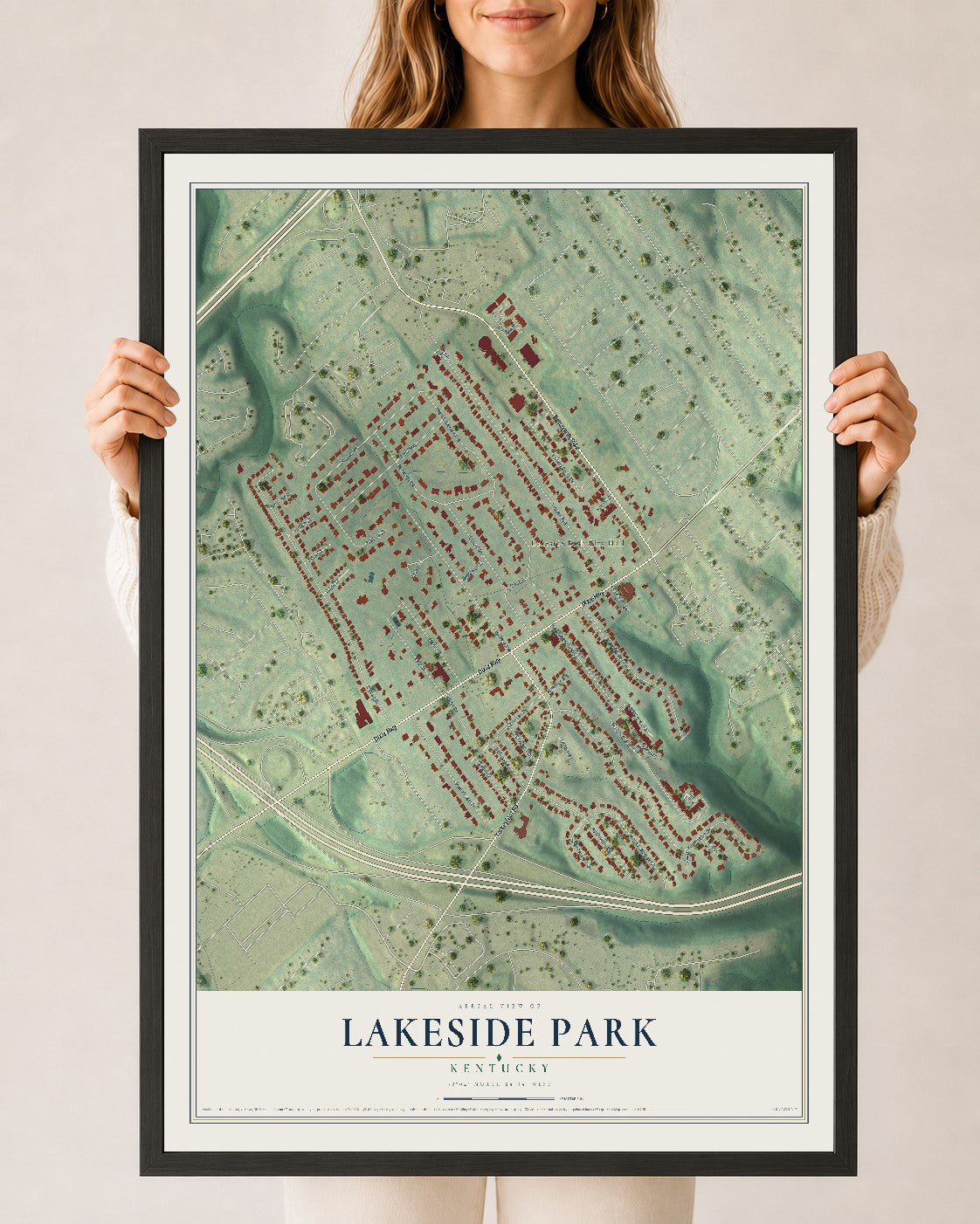 Map of Lakeside Park, Kentucky, 24 x 36 inch print in a black wood frame