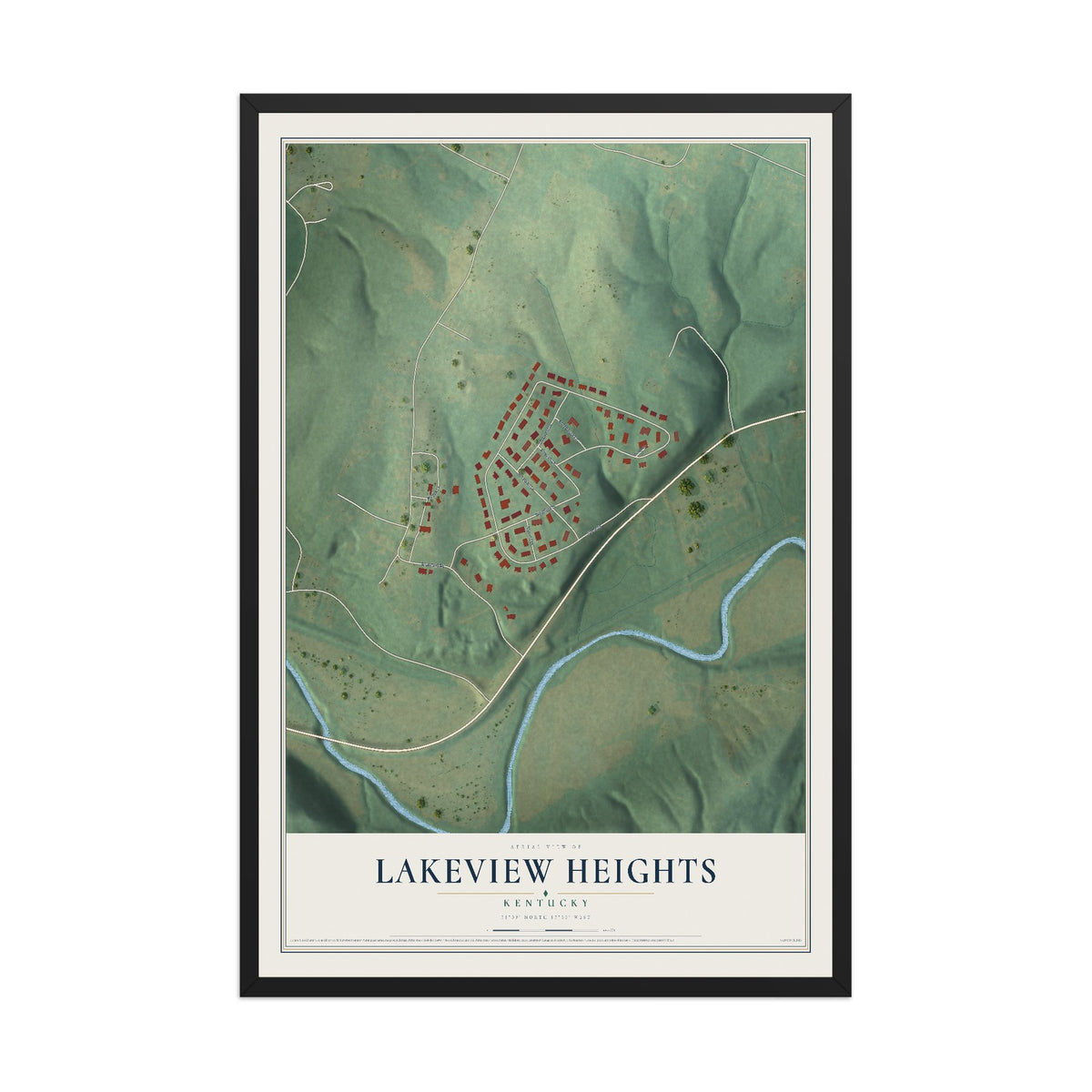 Map of Lakeview Heights, Kentucky, 12 x 18 inch print in a black wood frame