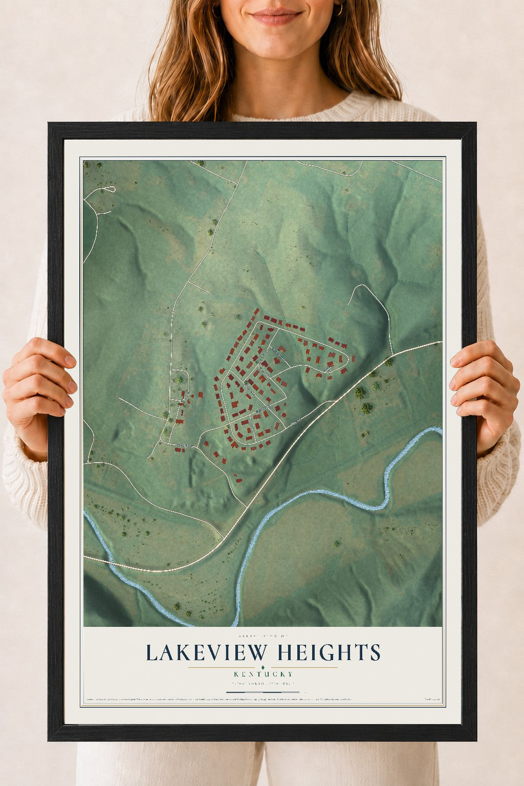 Map of Lakeview Heights, Kentucky, 18 x 24 inch print in a black wood frame