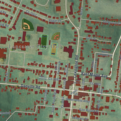 Close-up of the map of Lancaster, Kentucky print showing street and building detail