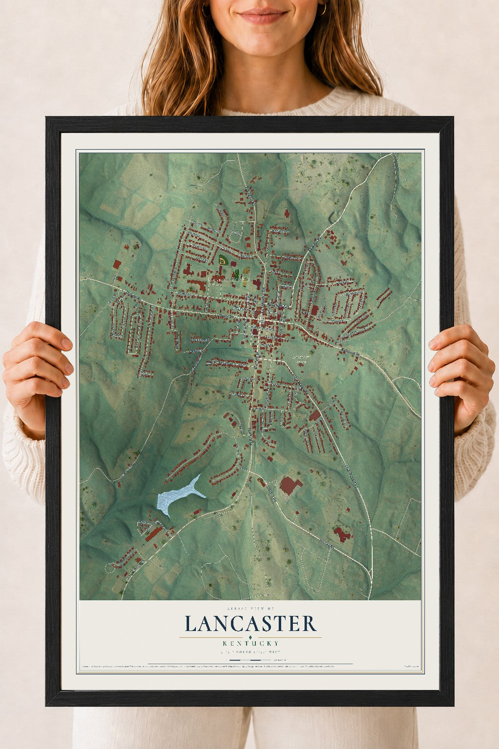 Map of Lancaster, Kentucky, 18 x 24 inch print in a black wood frame