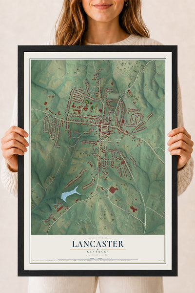 Map of Lancaster, Kentucky, 18 x 24 inch print in a black wood frame