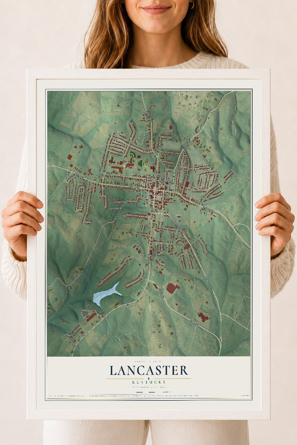 Map of Lancaster, Kentucky, 18 x 24 inch print in a white wood frame