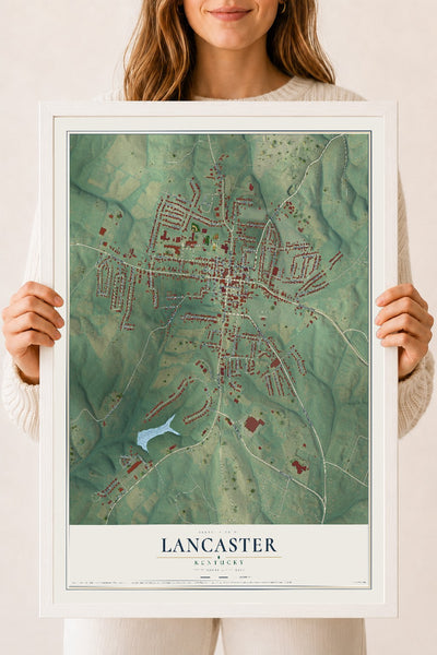 Map of Lancaster, Kentucky, 18 x 24 inch print in a white wood frame
