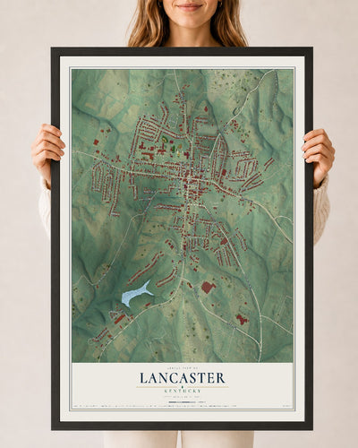 Map of Lancaster, Kentucky, 24 x 36 inch print in a black wood frame