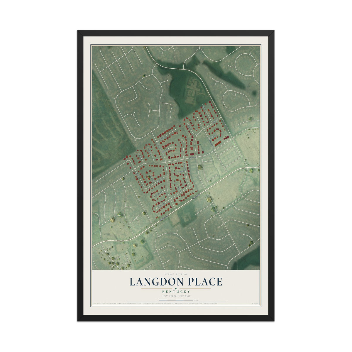 Map of Langdon Place, Kentucky, 12 x 18 inch print in a black wood frame