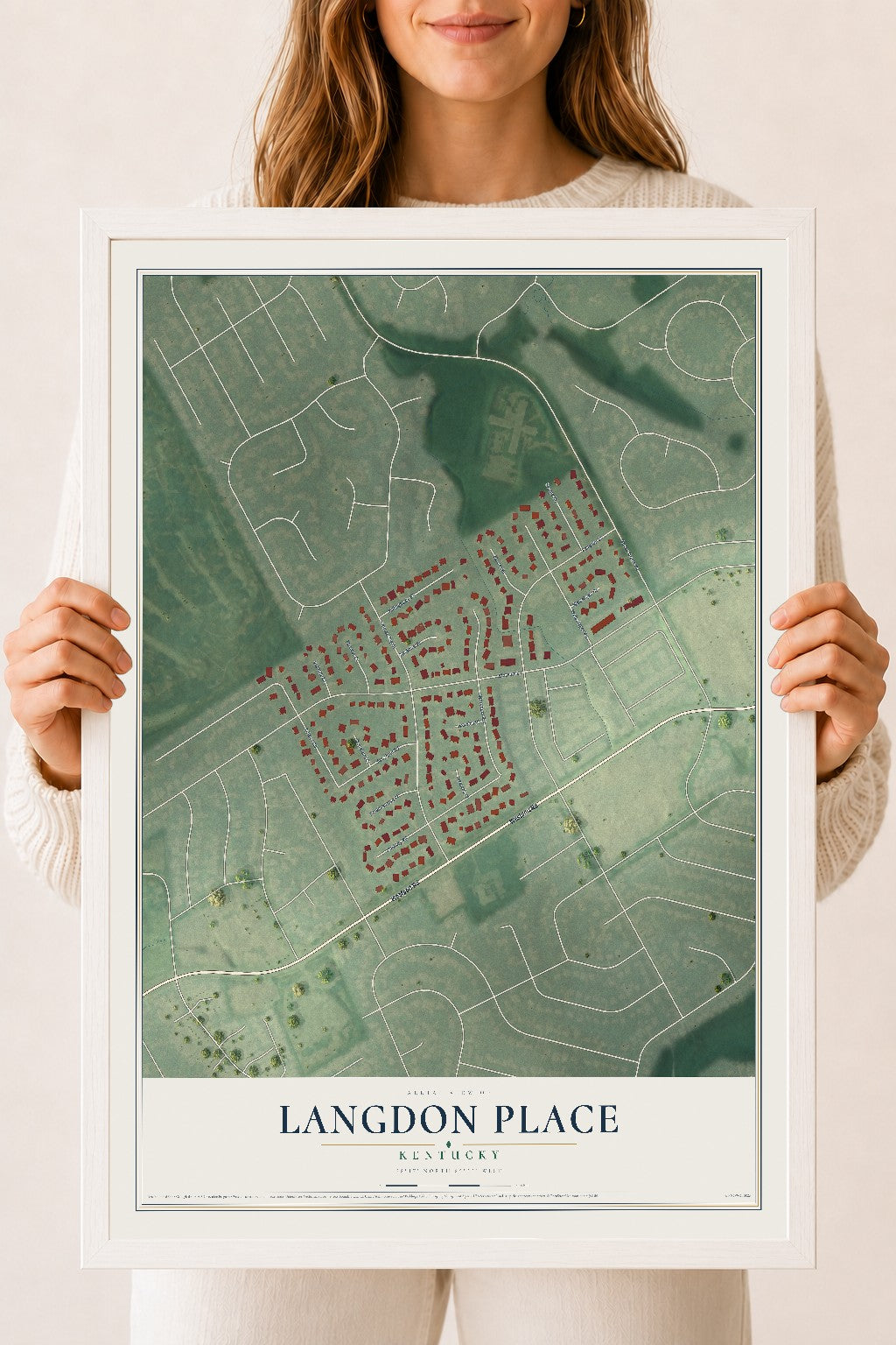Map of Langdon Place, Kentucky, 18 x 24 inch print in a white wood frame