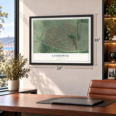 Lansdowne, Kentucky map, 18 x 24 inch print in a black frame in a home office
