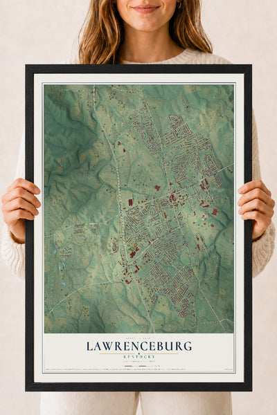 Map of Lawrenceburg, Kentucky, 18 x 24 inch print in a black wood frame