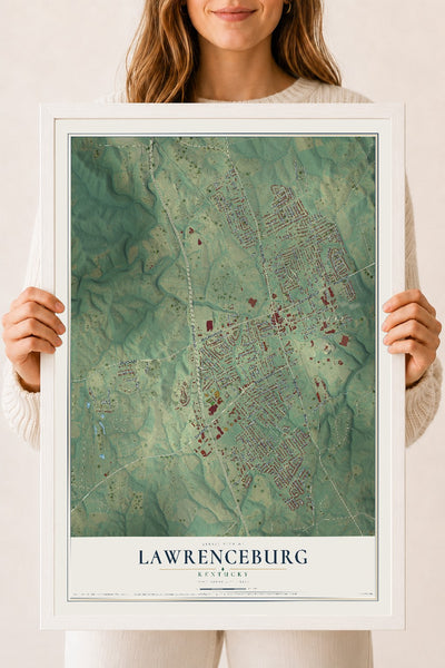 Map of Lawrenceburg, Kentucky, 18 x 24 inch print in a white wood frame